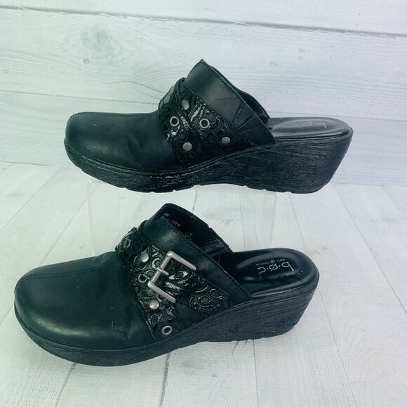 BOC Born Concept Black Leather CCAE16 Studs Buckle Wedge Clogs Mules Sz 9 M - Picture 5 of 10